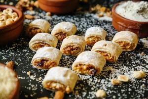 Abundant Assortment of Powdered Sugar-Covered Pastries on a Table photo