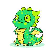 Cute cartoon green baby dragon on white background. Vector illustration.