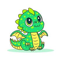 Cute cartoon green baby dragon on white background. Vector illustration.