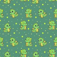 Seamless pattern with cute green baby dragon on green background. vector