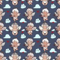 Seamless pattern with cupids and hearts on deep blue background. Vector illustration.