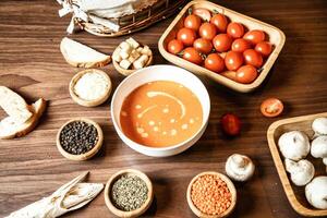 Wooden Table Adorned With Assorted Food Bowls photo