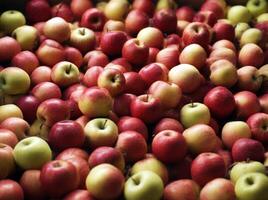 ai generado colección de fresco, vistoso manzanas con un mezcla de rojo y verde matices foto