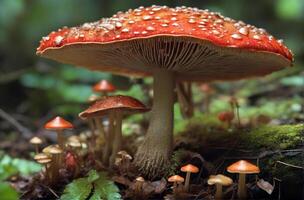 AI generated Various sizes of red capped mushrooms with white spots photo