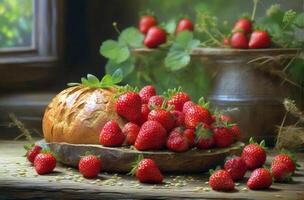 ai generado pan de un pan adornado con Fresco fresas en un de madera superficie, con más fresas y verdor en el antecedentes foto