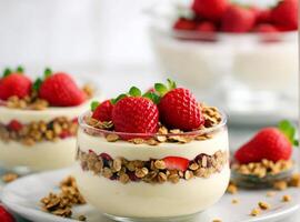 AI generated Creamy yogurt parfait adorned with fresh, ripe strawberries, and a crunchy granola layer, served in clear glass bowls photo