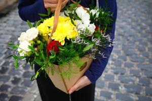 Person Holding Bouquet of Flowers, Copy Space photo