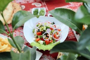 Colorful Plate of Food on a Table With a Red Tablecloth photo