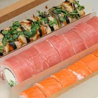 Close-Up of Sushi Plate With Assorted Rolls and Nigiri photo