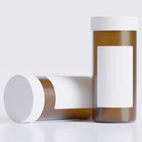 3D rendering of a set of empty labeled medical pill bottles brown color and realistic texture photo