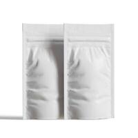 Blank white aluminium foil plastic pouch bag sachet packaging mockup isolated on white background, 3D rendering photo