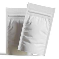 Blank white aluminium foil plastic pouch bag sachet packaging mockup isolated on white background, 3D rendering photo