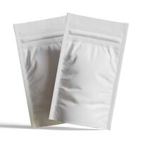 Blank white aluminium foil plastic pouch bag sachet packaging mockup isolated on white background, 3D rendering photo