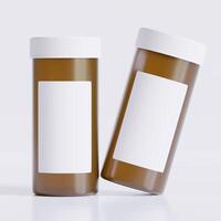 3D rendering of a set of empty labeled medical pill bottles brown color and realistic texture photo