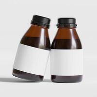 Medicine bottle of brown glass isolated on white background with clipping path. Cough syrup, mock-up 3D rendering illustration photo