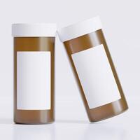 3D rendering of a set of empty labeled medical pill bottles brown color and realistic texture photo