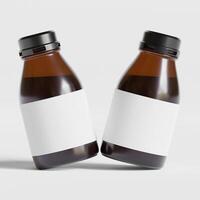 Medicine bottle of brown glass isolated on white background with clipping path. Cough syrup, mock-up 3D rendering illustration photo