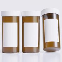 3D rendering of a set of empty labeled medical pill bottles brown color and realistic texture photo