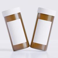 3D rendering of a set of empty labeled medical pill bottles brown color and realistic texture photo