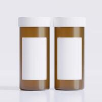 3D rendering of a set of empty labeled medical pill bottles brown color and realistic texture photo