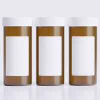 3D rendering of a set of empty labeled medical pill bottles brown color and realistic texture photo