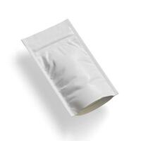 Blank white aluminium foil plastic pouch bag sachet packaging mockup isolated on white background, 3D rendering photo