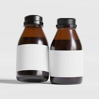 Medicine bottle of brown glass isolated on white background with clipping path. Cough syrup, mock-up 3D rendering illustration photo