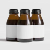 Medicine bottle of brown glass isolated on white background with clipping path. Cough syrup, mock-up 3D rendering illustration photo