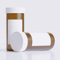 3D rendering of a set of empty labeled medical pill bottles brown color and realistic texture photo