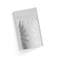 Blank white aluminium foil plastic pouch bag sachet packaging mockup isolated on white background, 3D rendering photo