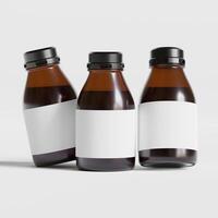 Medicine bottle of brown glass isolated on white background with clipping path. Cough syrup, mock-up 3D rendering illustration photo