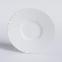 Empty plate white color and realistic texture with abstract white background photo