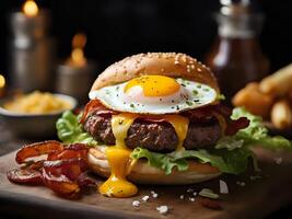 AI generated hamburger filled with fried egg, beef, bacon, lettuce and cheese photo