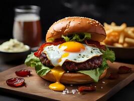 AI generated hamburger filled with fried egg, beef, bacon, lettuce and cheese photo