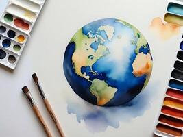 AI generated a watercolor painting of the earth with paint and brushes photo