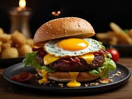 AI generated hamburger filled with fried egg, beef, bacon, lettuce and cheese photo