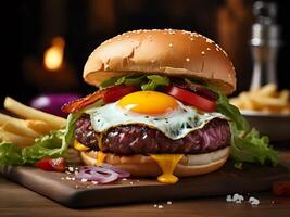 AI generated hamburger filled with fried egg, beef, bacon, lettuce and cheese photo