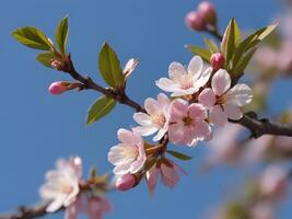 AI generated a branch of pink flowers with green leaves photo