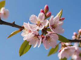 AI generated a branch of pink flowers with green leaves photo