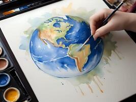 AI generated a person is painting the earth with watercolor paint photo