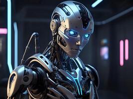 AI generated a robot with glowing eyes in a dark room photo