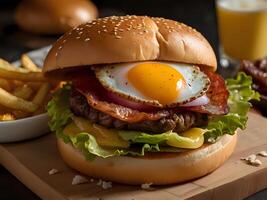 AI generated hamburger filled with fried egg, beef, bacon, lettuce and cheese photo