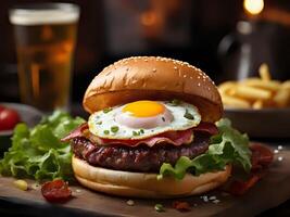 AI generated hamburger filled with fried egg, beef, bacon, lettuce and cheese photo