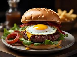 AI generated hamburger filled with fried egg, beef, bacon, lettuce and cheese photo