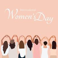 International Women's Day. Sisterhood and females friendship.   Diverse women with heart-shaped hands stand together. Vector concept of gender equality and of the female empowerment movement.