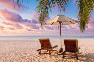 Amazing beach. Romantic chairs umbrella on sandy beach palm leaves, sun sea sky. Summer holiday couples vacation. Love happy tropical landscape. Tranquil island coast relax beautiful landscape tourism photo