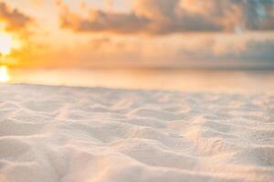 Ocean beach sand closeup at sunset sunrise landscape outdoor. Beautiful colorful sky with clouds natural island sea with copy space, sun rays seascape, dream nature. Inspirational shore, coast photo