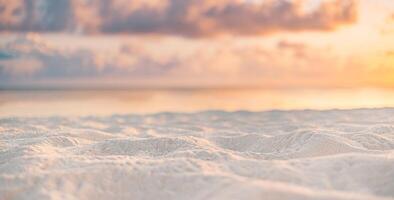 Ocean beach sand closeup at sunset sunrise landscape outdoor. Beautiful colorful sky with clouds natural island sea with copy space, sun rays seascape, dream nature. Inspirational shore, coast photo