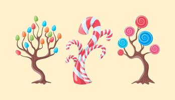 Cartoon Color Fantasy Candy Trees Set with Spiral Lollipops and Sugar Candies. Vector