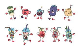 Cartoon Color Groovy Hippie Drinks Mascots Vintage Set. Vector